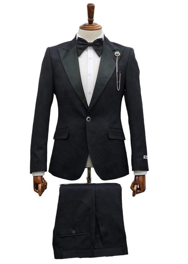 Giovanni Testi 1 Button Peak Satin Lapel Suit GT1PX-D566 Black
