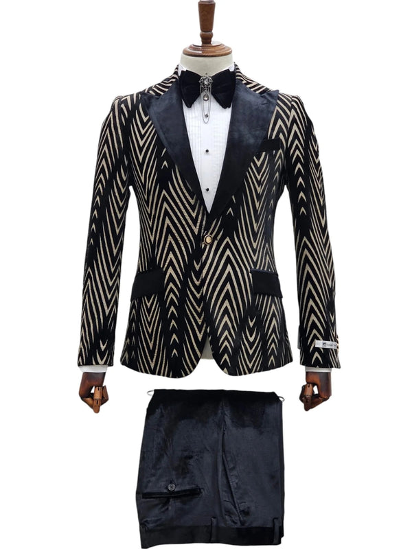 Giovanni Testi 1 Button Velvet Flocked Slim Fit Suit with Peak Lapel GT1P-LS BLK/TAN