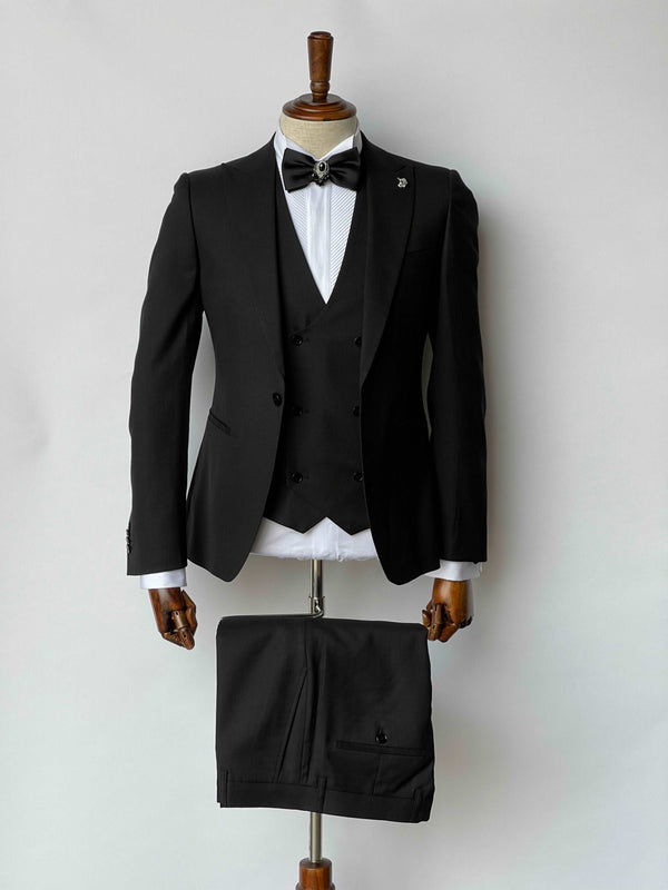 Giovanni Testi 1 button peak lapel 3 piece black slim fit suit GT1PA+V-1501 BLACK
