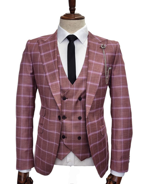 Giovanni Testi 1 Button Peak Lapel 3 PC Slim fit Suit GT1P+V- 0214  SALMON PLAID