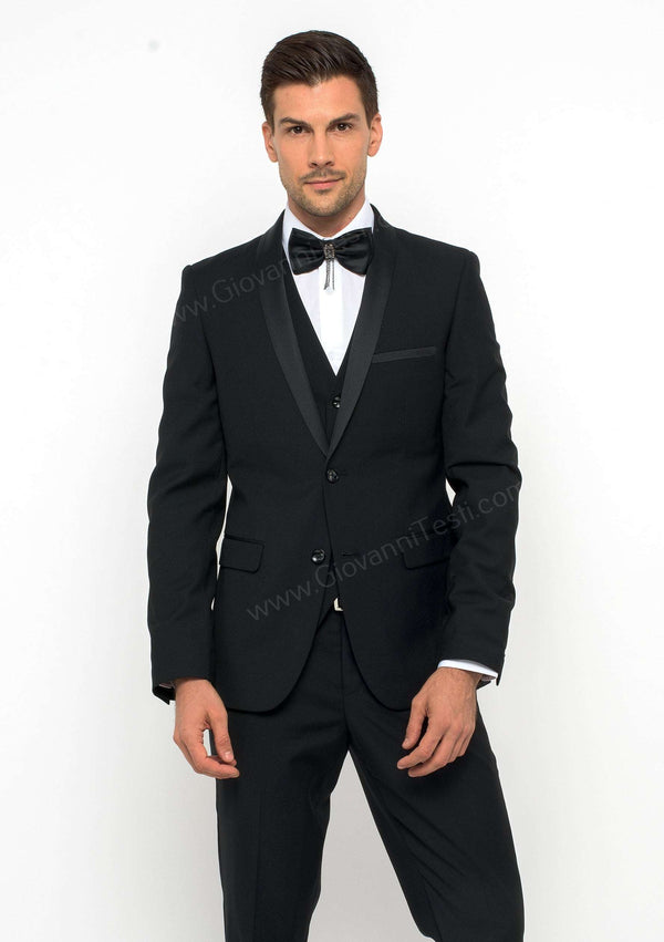 2 Button Black Slim Fit Suit with Shawl Lapel FF2SSX+V-1230
