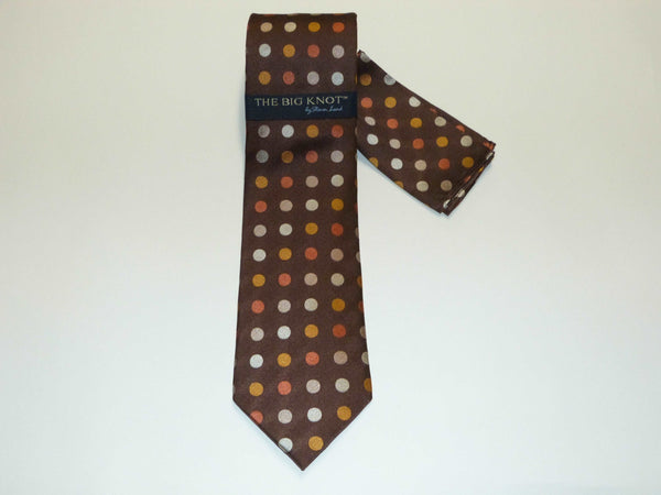 Steven Land Big Knot Silk Brown Polka Dot Tie with Hanky Set