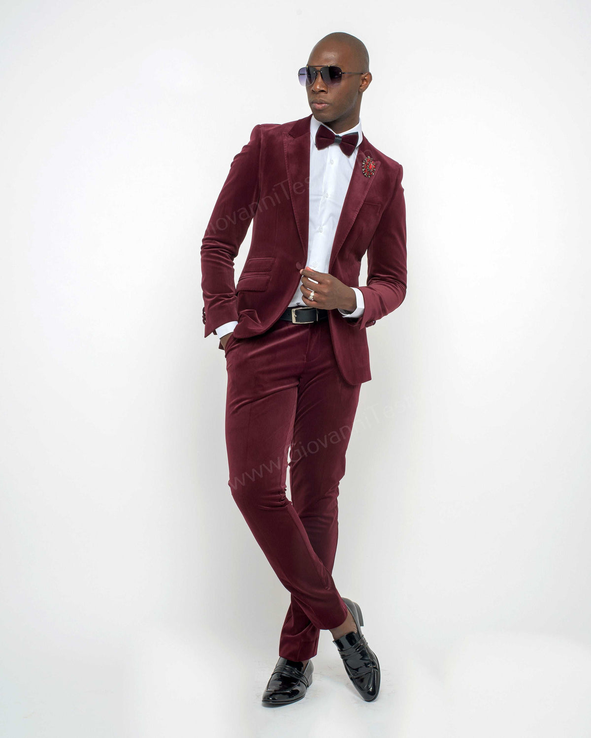 Giovanni Testi 1 Button Stretch Velvet Slim Fit Suit with Peak Lapel GT1P-1925 Burgundy