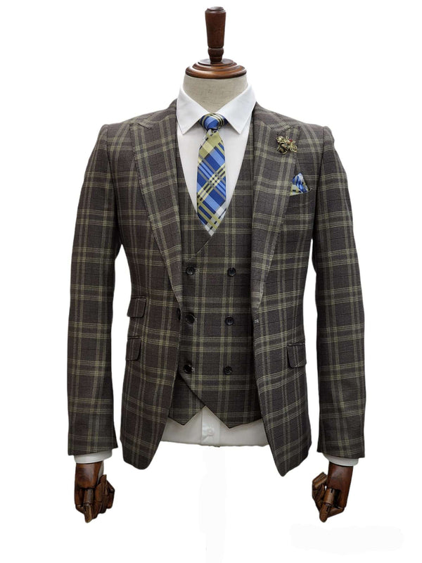Giovanni Testi 1 Button 3Pc Peak lapel Slim Fit Suit GT1P+V-0216 PLAID OLIVE