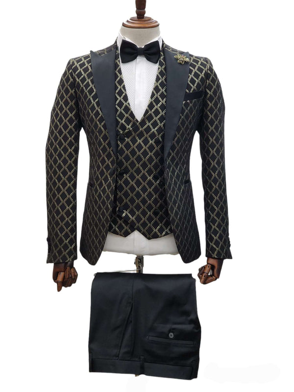 Giovanni Testi 1 Button 3Pc  Peak Lapel Slim Fit Tuxedo GT1PA+V-5259 BLACK/GOLD