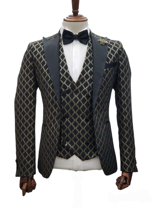 Giovanni Testi 1 Button 3Pc  Peak Lapel Slim Fit Tuxedo GT1PA+V-5259 BLACK/GOLD