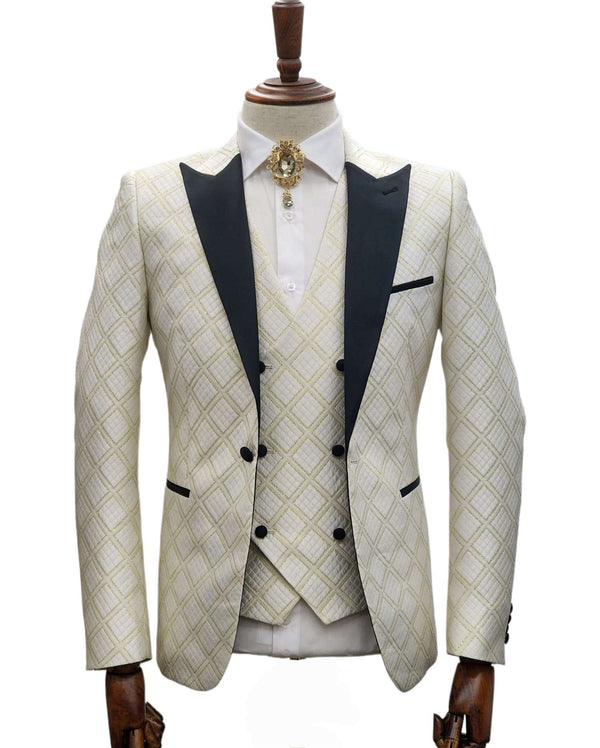 Giovanni Testi 1 Button 3 Pc Slim Fit Tuxedo GT1PA+V-A1265 WHITE/GOLD