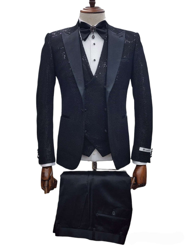 Giovanni Testi 1 Button Peak Lapel Shiny Suit GT1PA+V-B236 BLACK