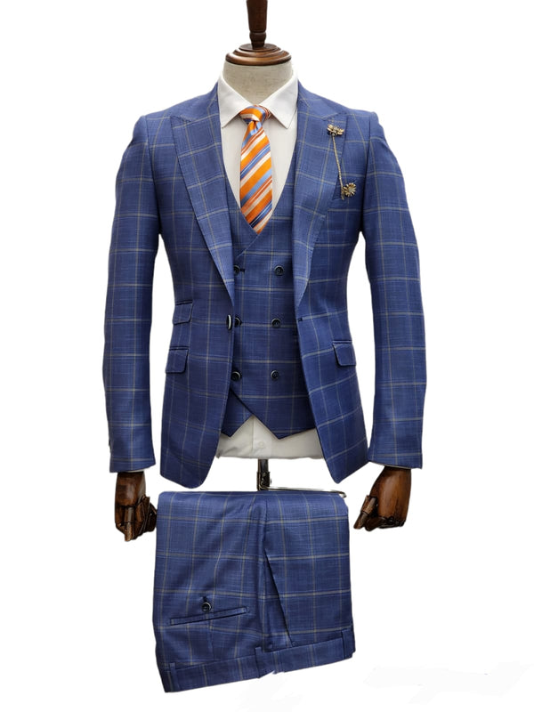 Giovanni Testi 1 Button 3Pc slim fit Suit GT1P+V-4702 BLUE/CREAM/PLAID