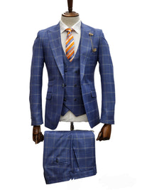 Giovanni Testi 1 Button 3Pc slim fit Suit GT1P+V-4702 BLUE/CREAM/PLAID
