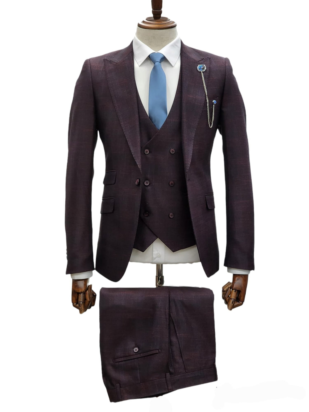 Gioavnni Tresti 1 Button 3pc Peak Lapel Slim Fit Suit GT1P+V-0223 BURG/RED/PLAID