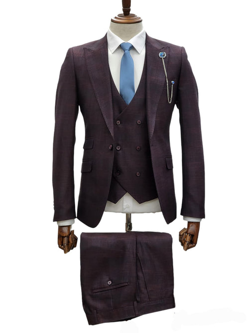 Gioavnni Tresti 1 Button 3pc Peak Lapel Slim Fit Suit GT1P+V-0223 BURG/RED/PLAID