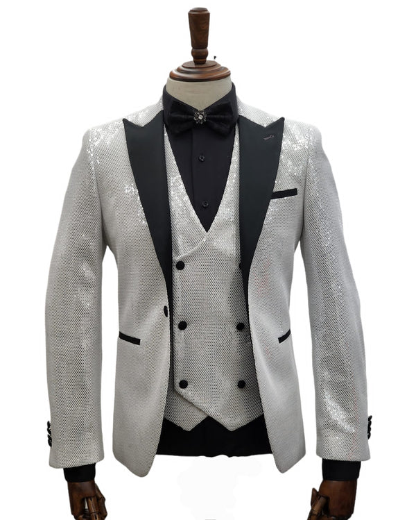 Giovanni Testi 1 Button Shiny Peak Lapel 3 Pc Slim Tuxedo GT1PA+V-B236 WHITE