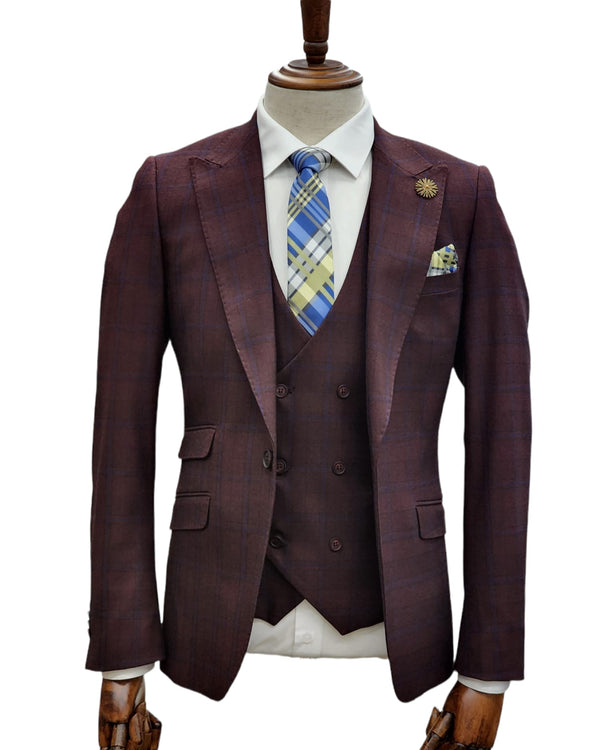 Giovanni Testi 1 Button Peak Lapel Slim Fit Suit GT1P+V-21020 BURG/ BLUE/PLAID