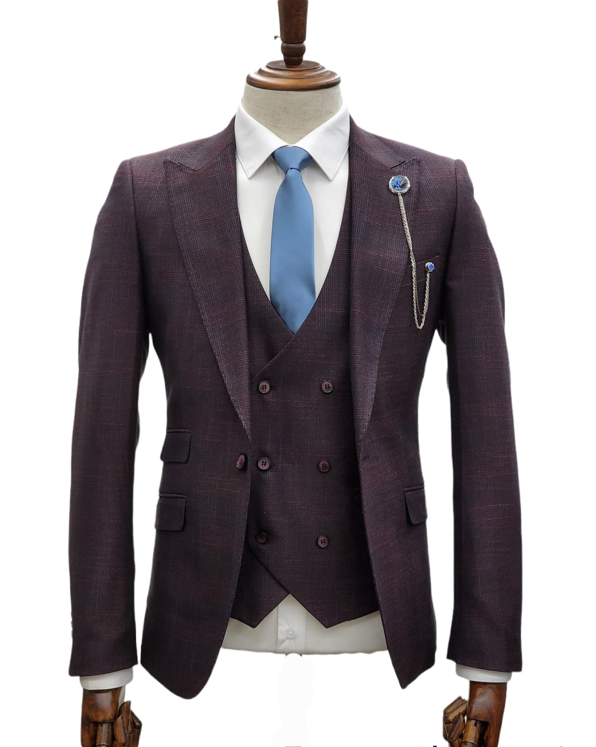 Gioavnni Tresti 1 Button 3pc Peak Lapel Slim Fit Suit GT1P+V-0223 BURG/RED/PLAID