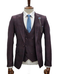 Gioavnni Tresti 1 Button 3pc Peak Lapel Slim Fit Suit GT1P+V-0223 BURG/RED/PLAID