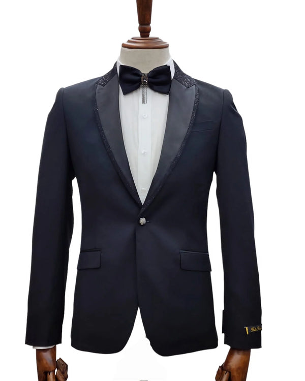 1 Button Slim Fit Suit Satin Lapel with Glitter CR1-1230 Black