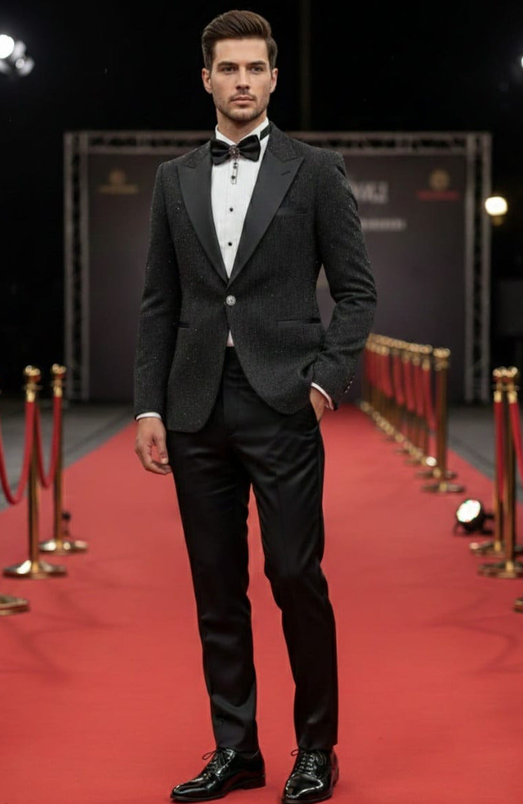 Effetti 1 Button Peak Lapel Glitter Tuxedo EF1PX-1592 BLACK
