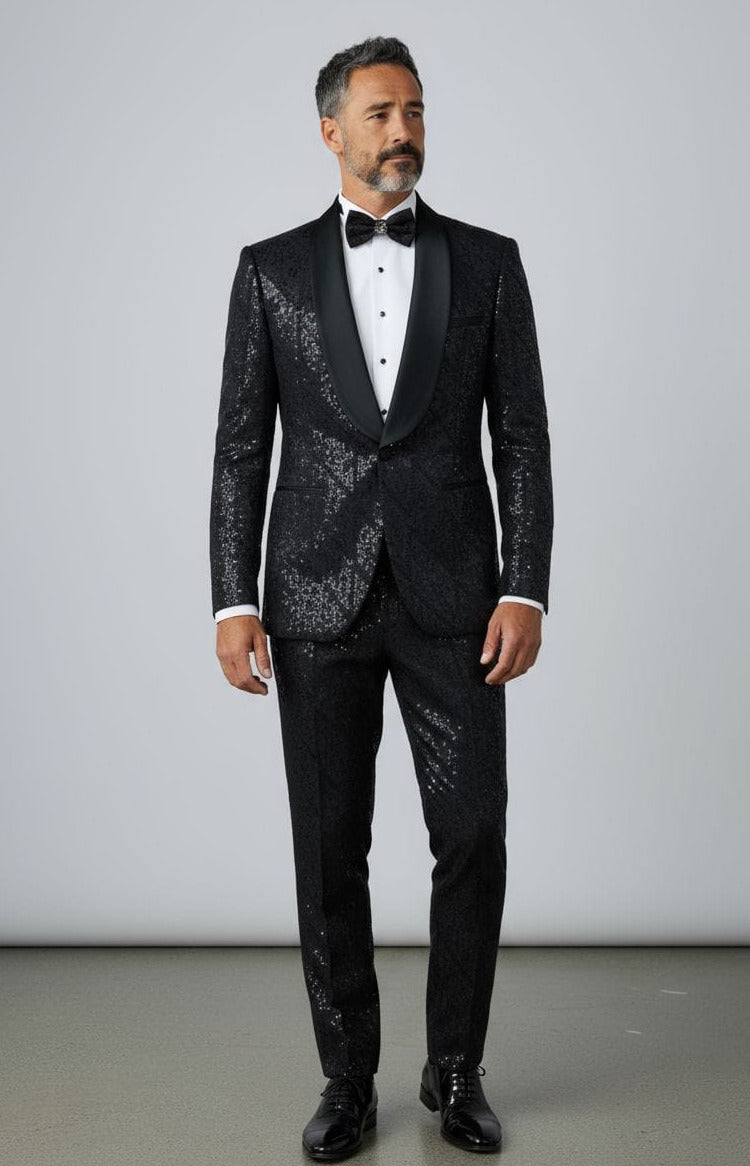 Giovanni Testi 1 Button Shawl Lapel Sequin Overlay Tuxedo EF1SX-4040 BLACK