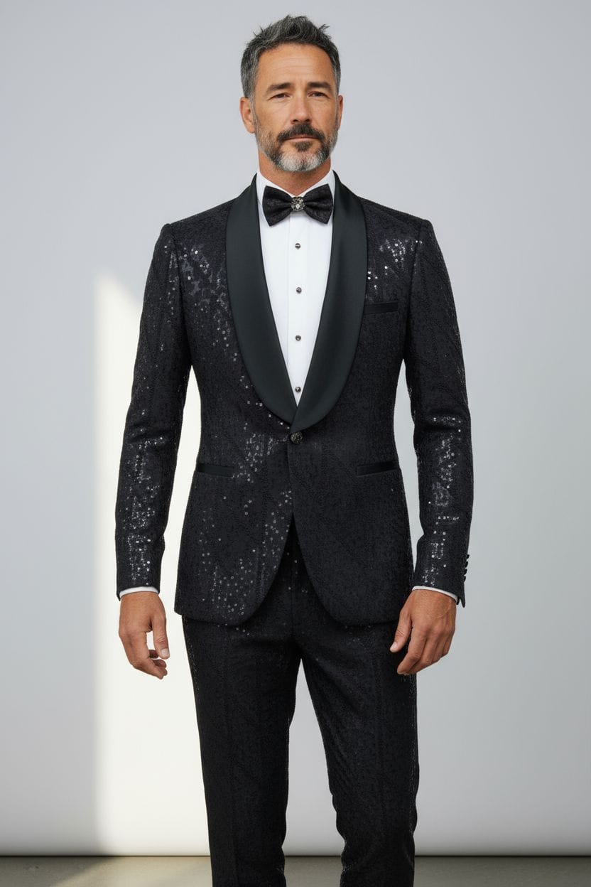 Giovanni Testi 1 Button Shawl Lapel Sequin Overlay Tuxedo EF1SX-4040 BLACK