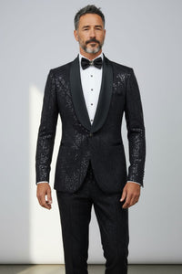 Giovanni Testi 1 Button Shawl Lapel Sequin Overlay Tuxedo EF1SX-4040 BLACK