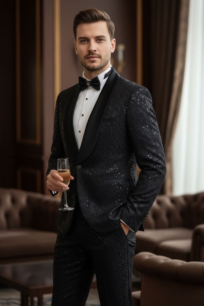 Giovanni Testi 1 Button Shawl Lapel Sequin Overlay Tuxedo EF1SX-4040 BLACK