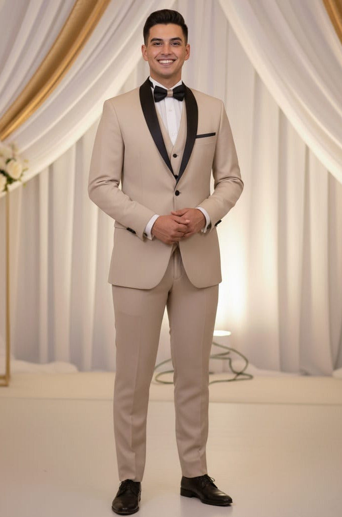 2 Button Sand Slim Fit Suit with Black Shawl Lapel FF2SSX+V-1230