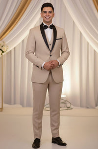 2 Button Sand Slim Fit Suit with Black Shawl Lapel FF2SSX+V-1230