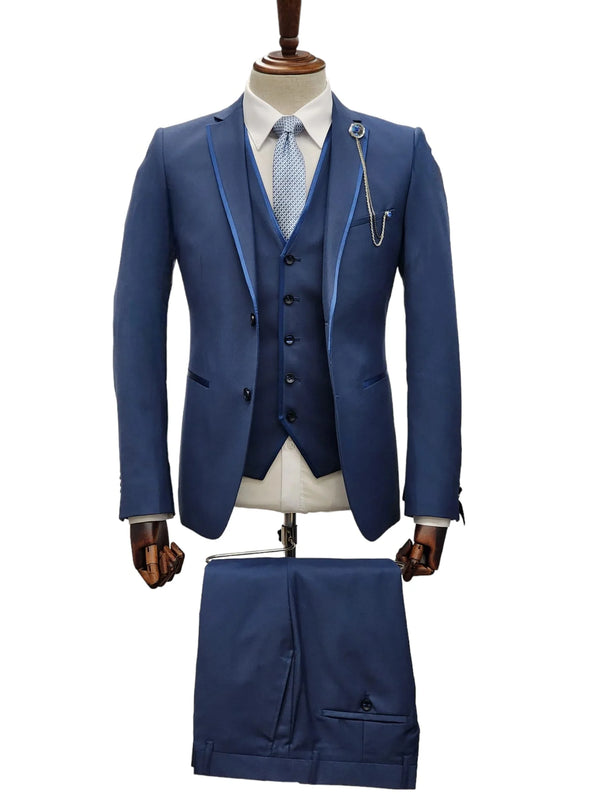 Fabio Fabrinni 2 Button 3 Piece Slim Fit Suit with Satin Taping FF2NAV-1230 Slate Blue