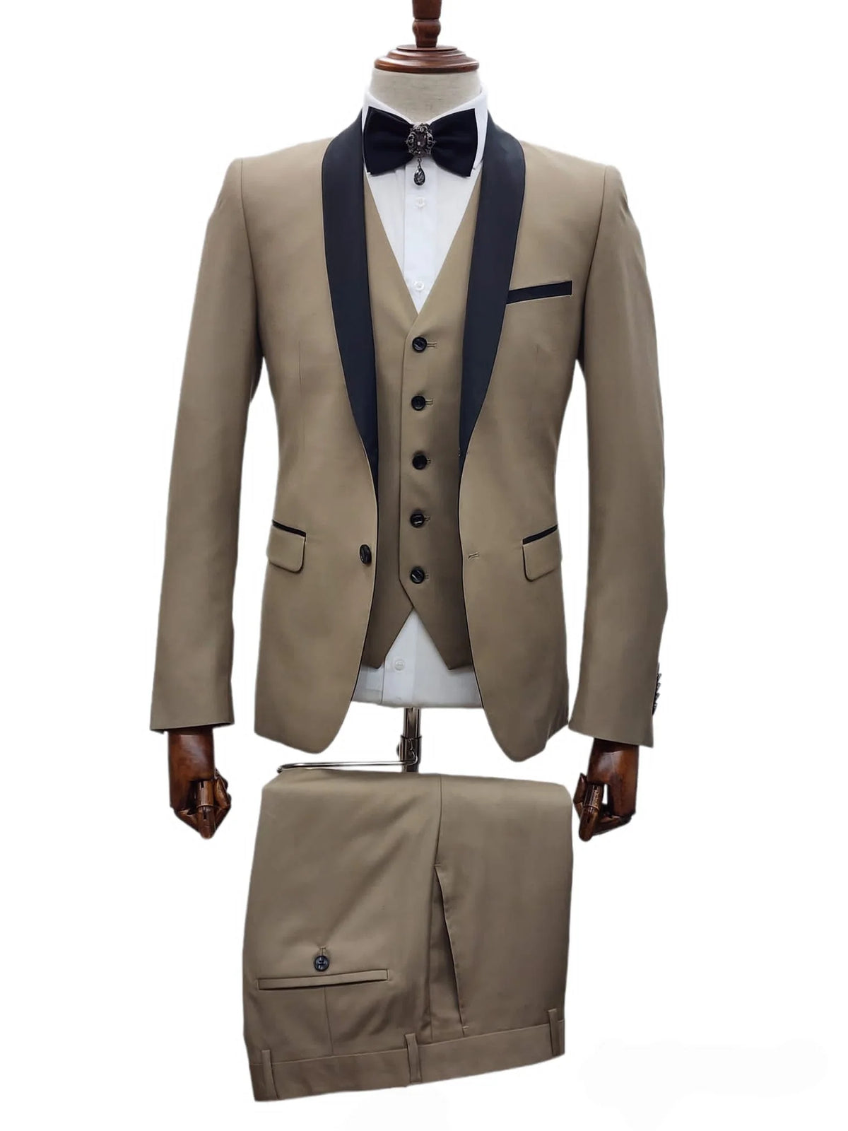 2 Button Tan Slim Fit Suit with Black Shawl Lapel FF2SSX+V-1230