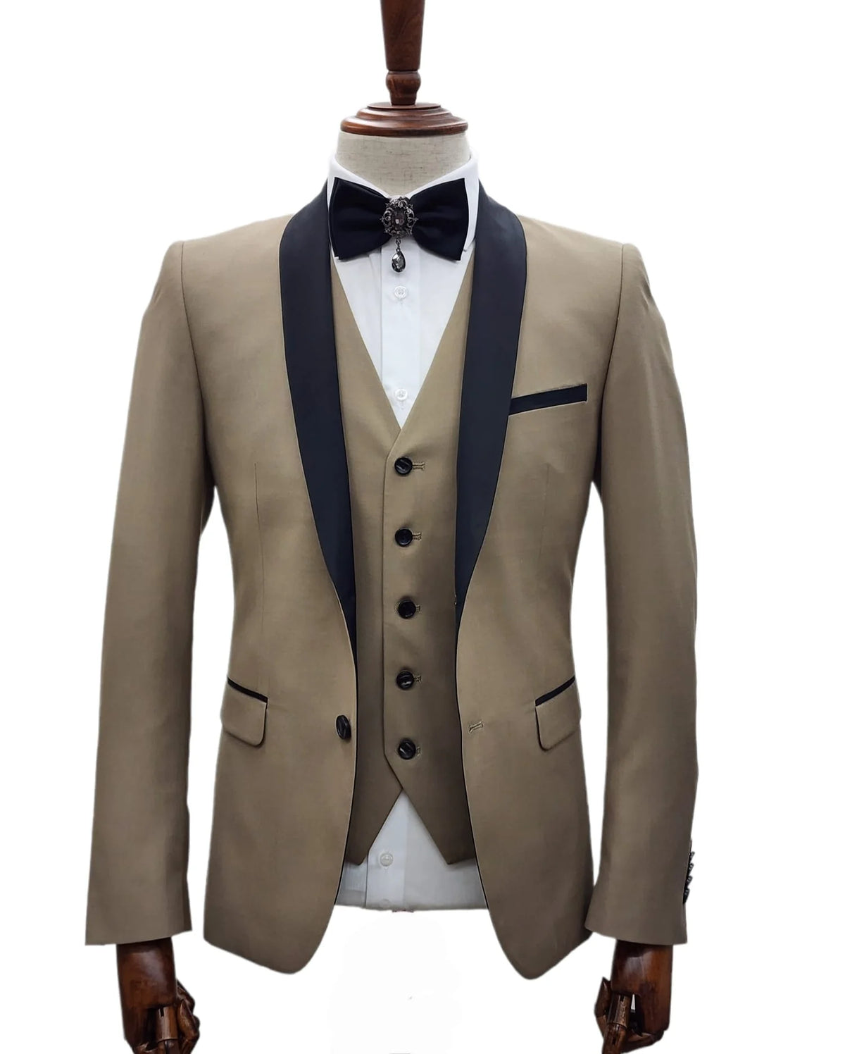 2 Button Tan Slim Fit Suit with Black Shawl Lapel FF2SSX+V-1230