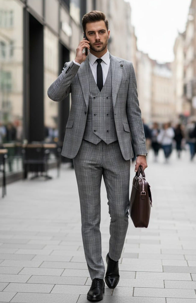 Giovanni Testi 1 Button Peak Lapel 3 Piece Slim Fit Glen Plaid Suit GT1P+V-1251 BLK/WHITE PLAID