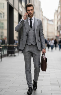 Giovanni Testi 1 Button Peak Lapel 3 Piece Slim Fit Glen Plaid Suit GT1P+V-1251 BLK/WHITE PLAID