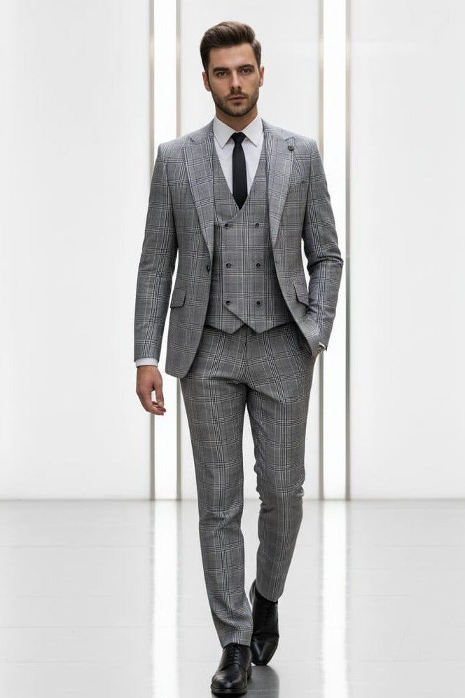 Giovanni Testi 1 Button Peak Lapel 3 Piece Slim Fit Glen Plaid Suit GT1P+V-1251 BLK/WHITE PLAID