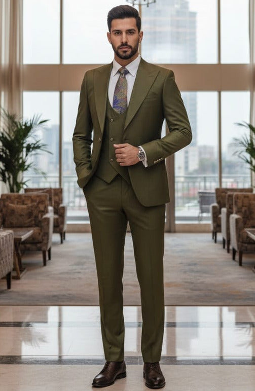 Giovanni Testi 1 Button 3 piece slim fit suit GT1PA+V-1501 OLIVE