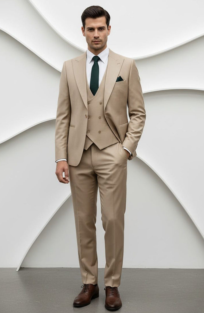 Giovanni Testi 1 Button Peak lapel 3 piece Tuxedo GT1PA+V-1501 Sand / Tan