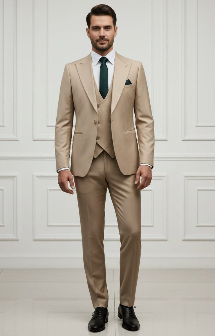 Giovanni Testi 1 Button Peak lapel 3 piece Tuxedo GT1PA+V-1501 Sand / Tan
