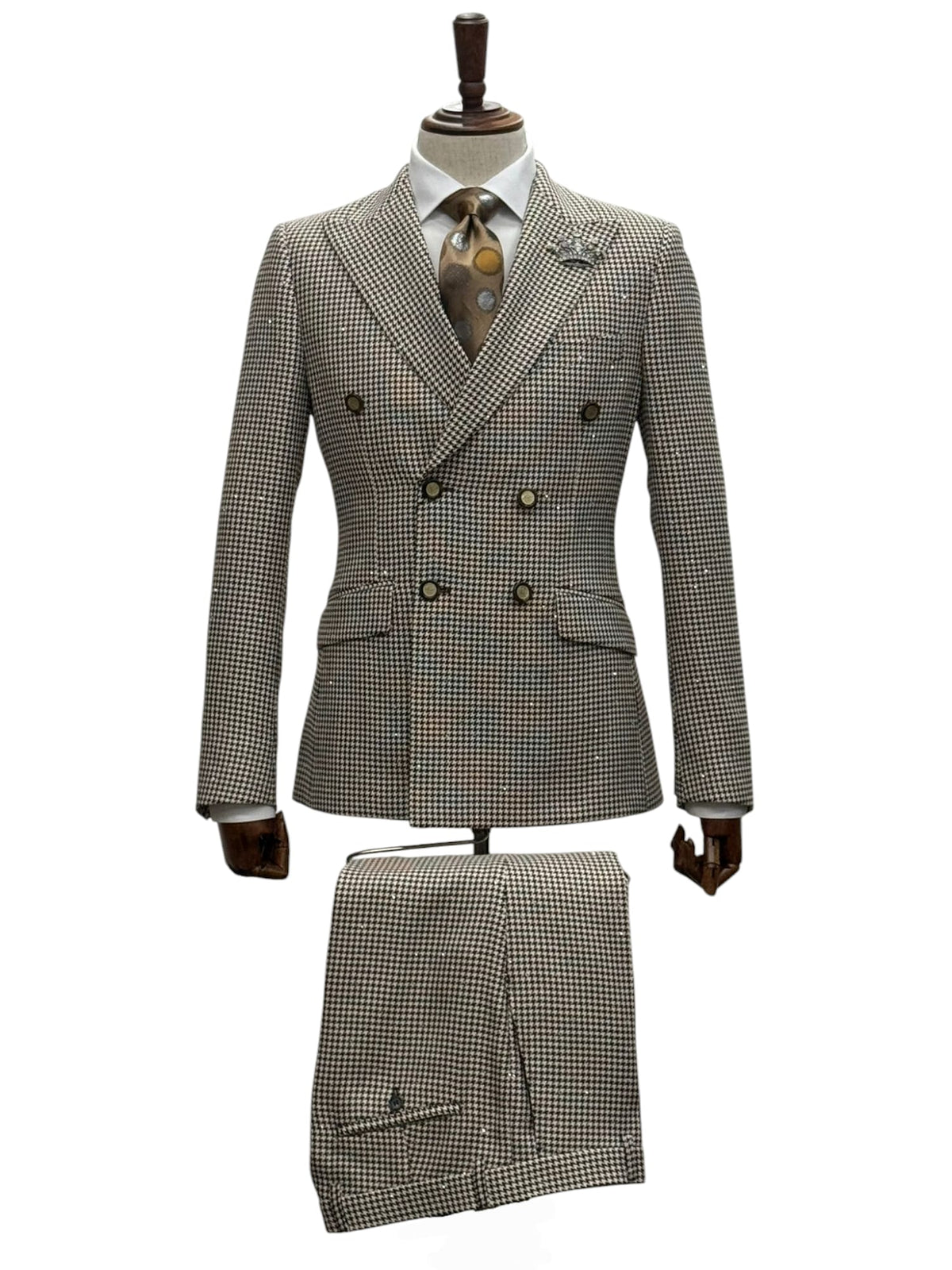 Giovanni Testi Double Breast Houndstooth Slim Fit Suit GT6DB-6105 BROWN/WHITE