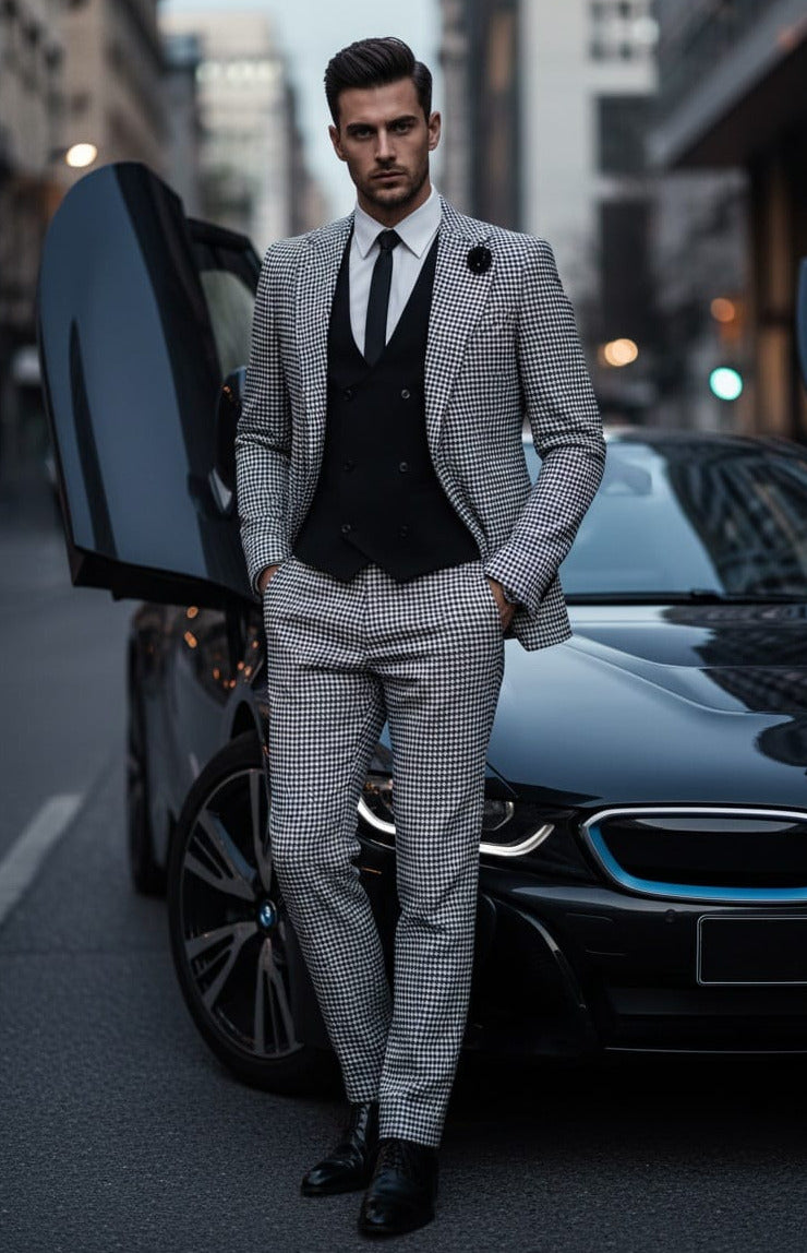 Giovanni Testi 1 Button 3 piece Hounds tooth Suit GT1N+V-7009 BLK/WHITE