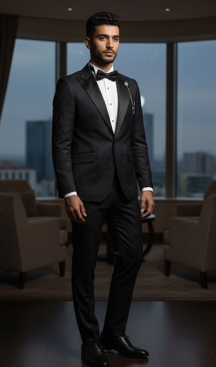 Giovanni Testi 1 Button Peak Satin Lapel Suit GT1PX-D566 Black