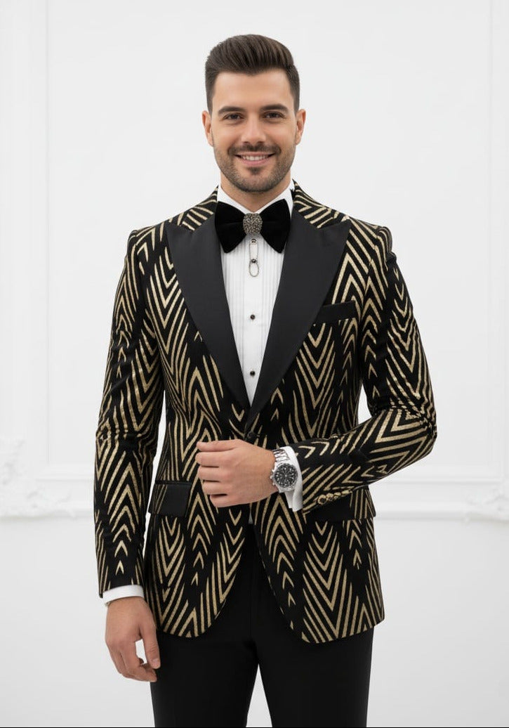 Giovanni Testi 1 Button Velvet Flocked Slim Fit Suit with Peak Lapel GT1P-LS BLK/TAN