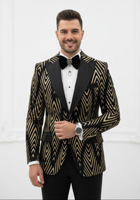 Giovanni Testi 1 Button Velvet Flocked Slim Fit Suit with Peak Lapel GT1P-LS BLK/TAN