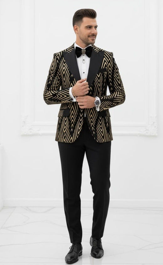 Giovanni Testi 1 Button Velvet Flocked Slim Fit Suit with Peak Lapel GT1P-LS BLK/TAN