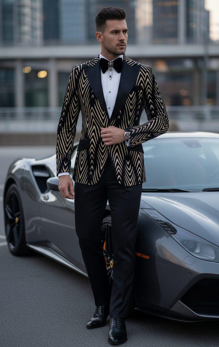 Giovanni Testi 1 Button Velvet Flocked Slim Fit Suit with Peak Lapel GT1P-LS BLK/TAN