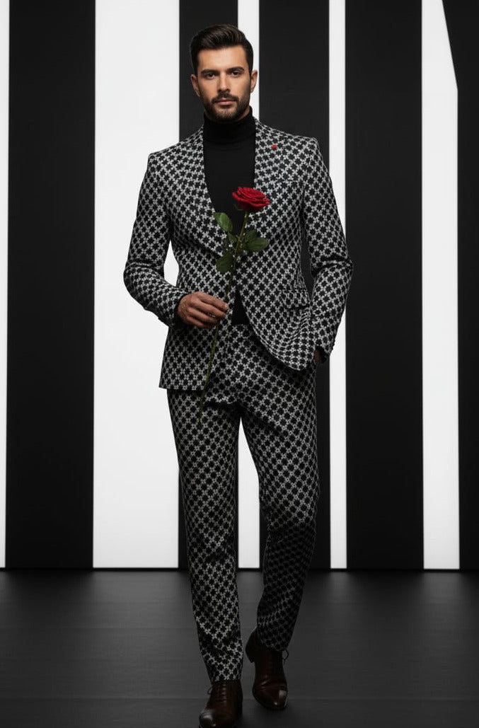 Giovanni Testi 1 Button Peak Lapel suit GTRVL1P-Y385 BLK/WHITE