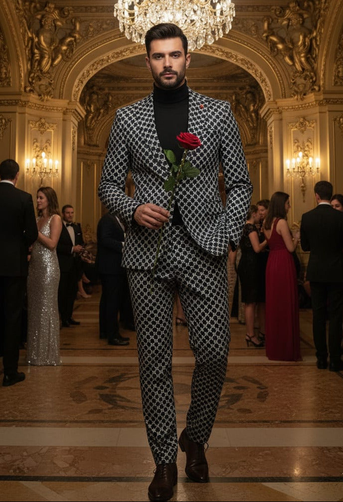 Giovanni Testi 1 Button Peak Lapel suit GTRVL1P-Y385 BLK/WHITE