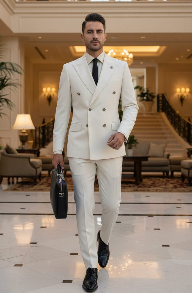 Giovanni Testi Double Breasted Sharkskin Slim Fit Suit GT6DB-1501 IVORY