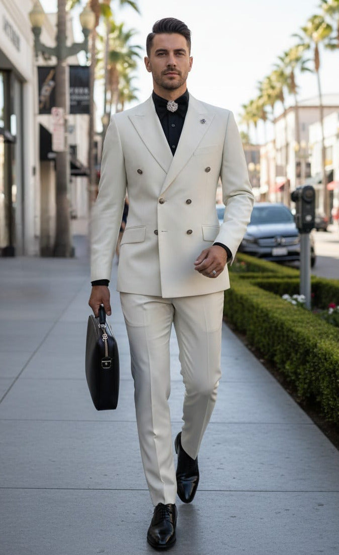 Giovanni Testi Double Breasted Sharkskin Slim Fit Suit GT6DB-1501 IVORY