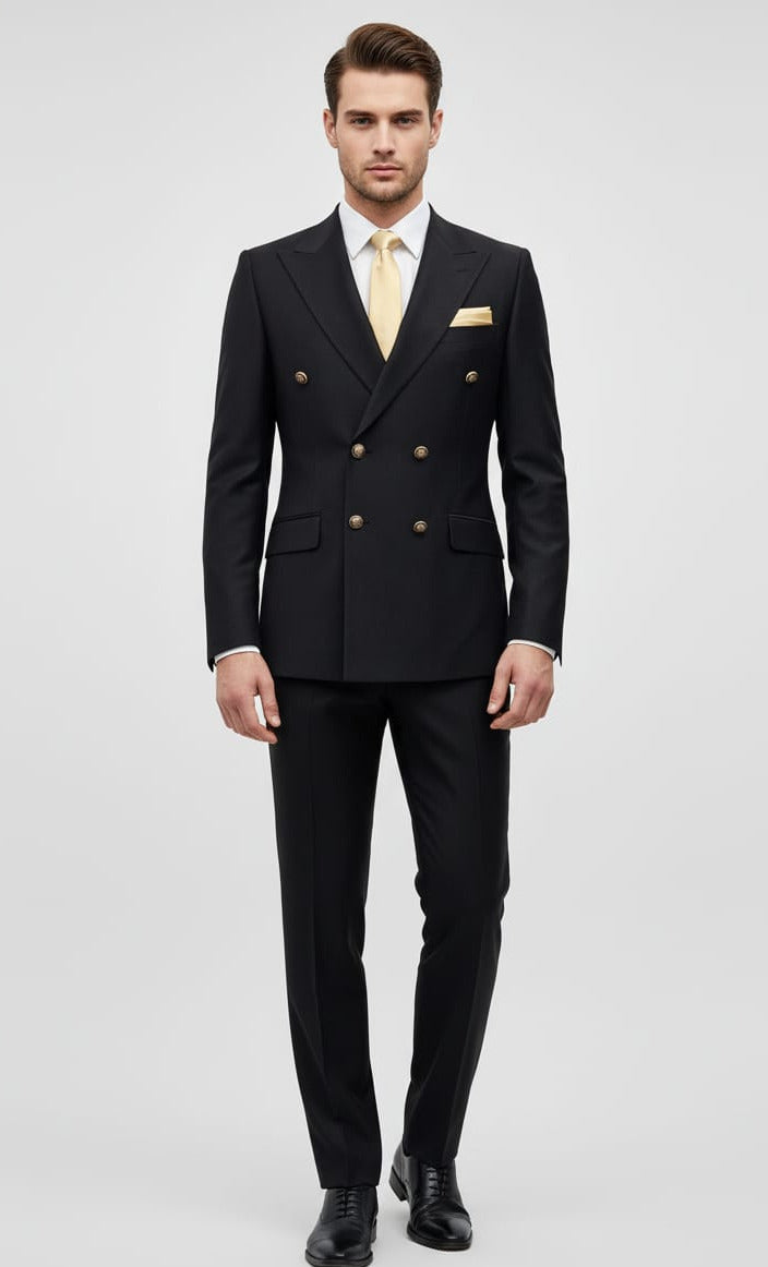 Giovanni Testi Double Breasted Black Shiny Crepe Fabric Slim Fit Suit GT6DB-3396 BLACK