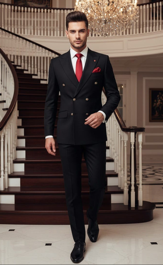 Giovanni Testi Double Breasted Black Shiny Crepe Fabric Slim Fit Suit GT6DB-3396 BLACK